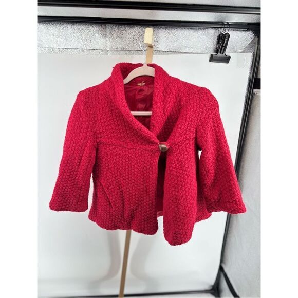 Free People 100% Lambswool Red One Button Lined 3/4 Sleeve Jacket Size XS - Picture 8 of 9